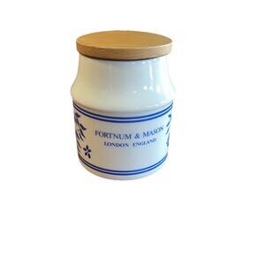 Vintage Fortnum & Mason Ceramic Storage Jar Blue White Floral Wooden Lid England
